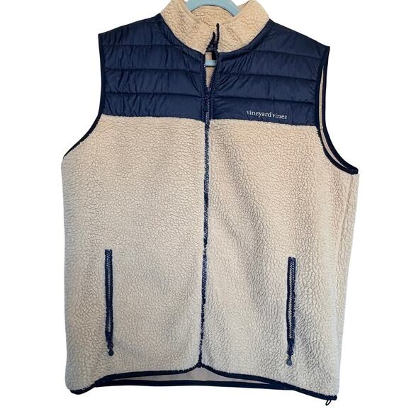 Vineyard Vines Sherpa Fleece Vest Tan Navy XL Cabincore Preppy Cozycore - Picture 2 of 9